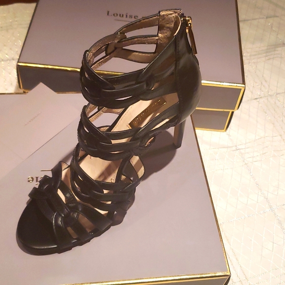 Louise et Cie New KATY Heel Sandals Leather Strappy Stilettos Back Zip BLACK NIB - Picture 15 of 16